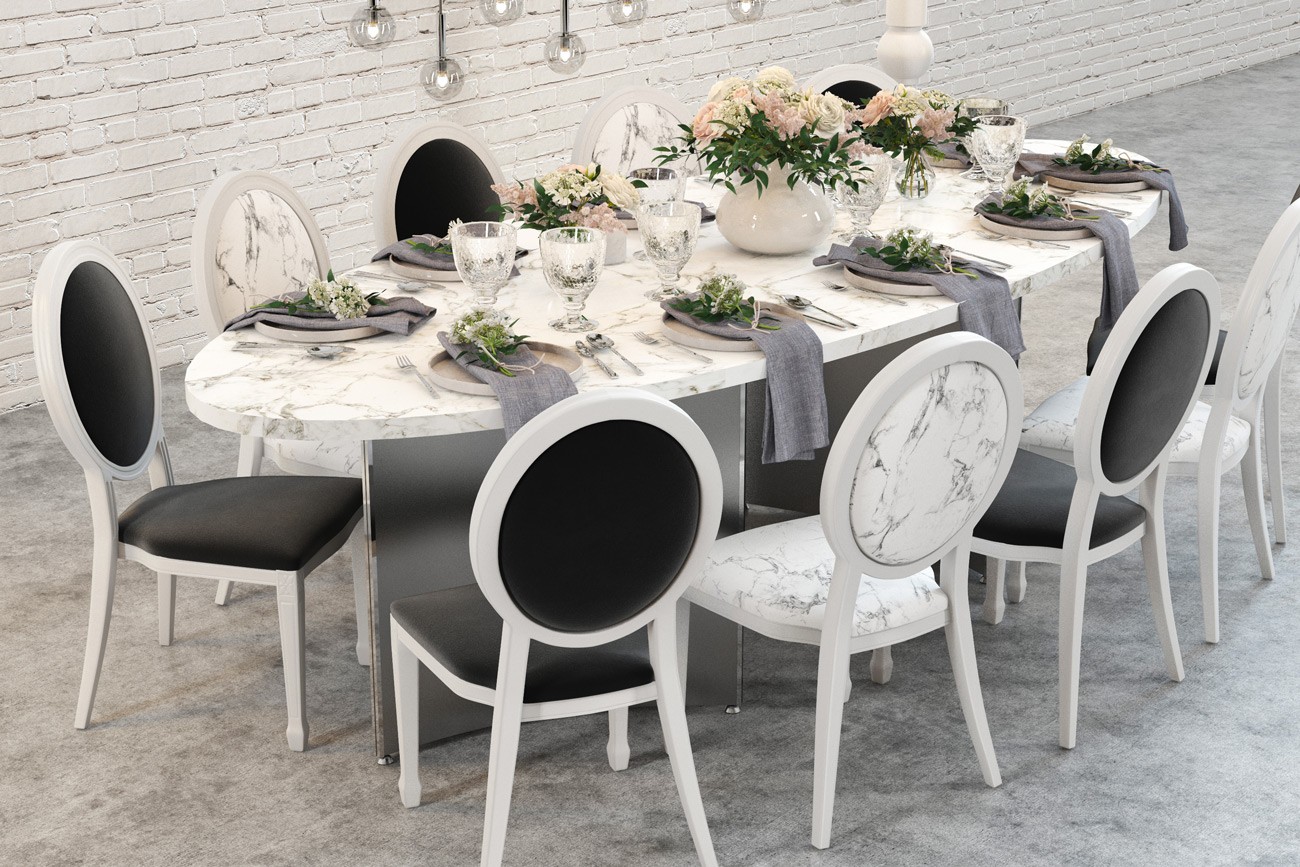 Louis VX2 Chairs and Faux marble Wiltshire Ellipse table