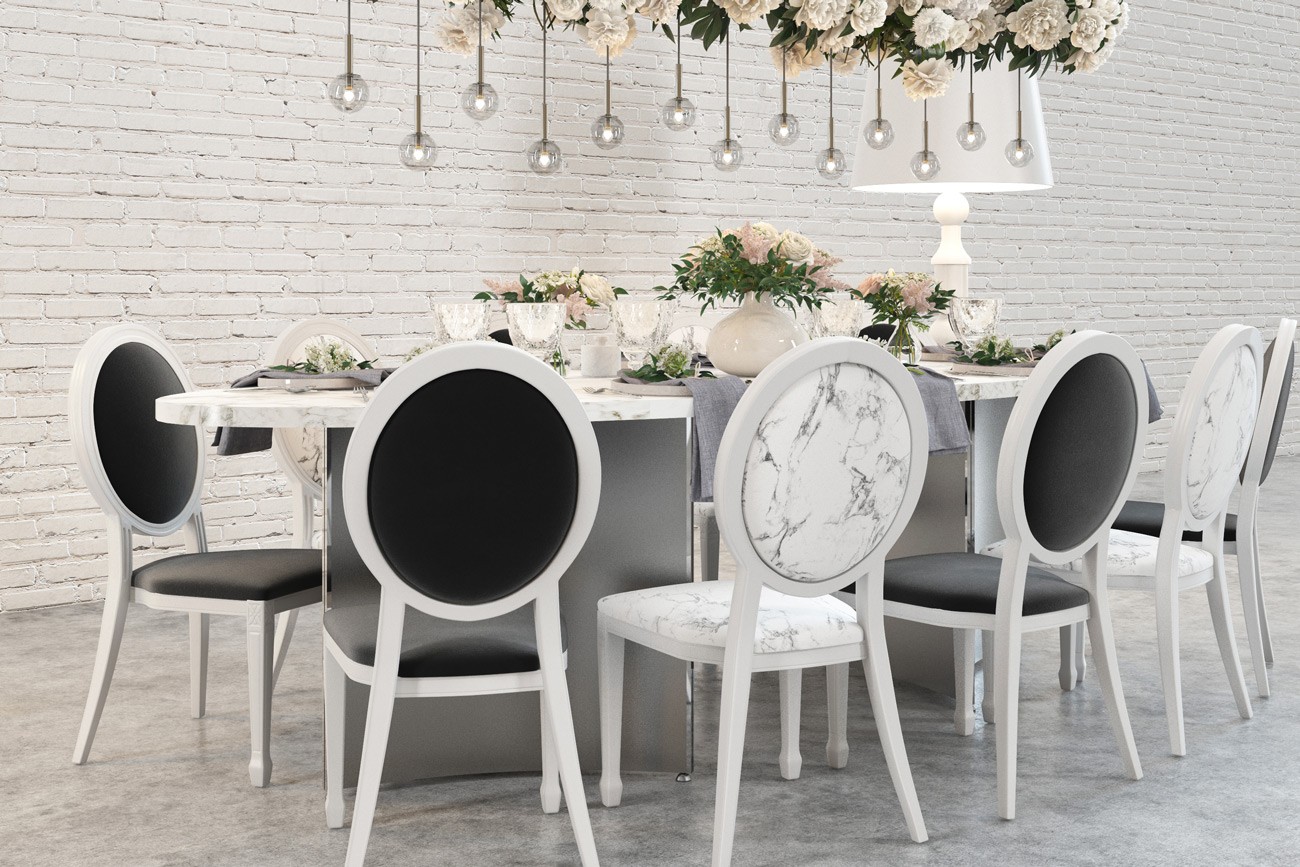 Louis VX2 Chairs and Faux marble Wiltshire Ellipse table